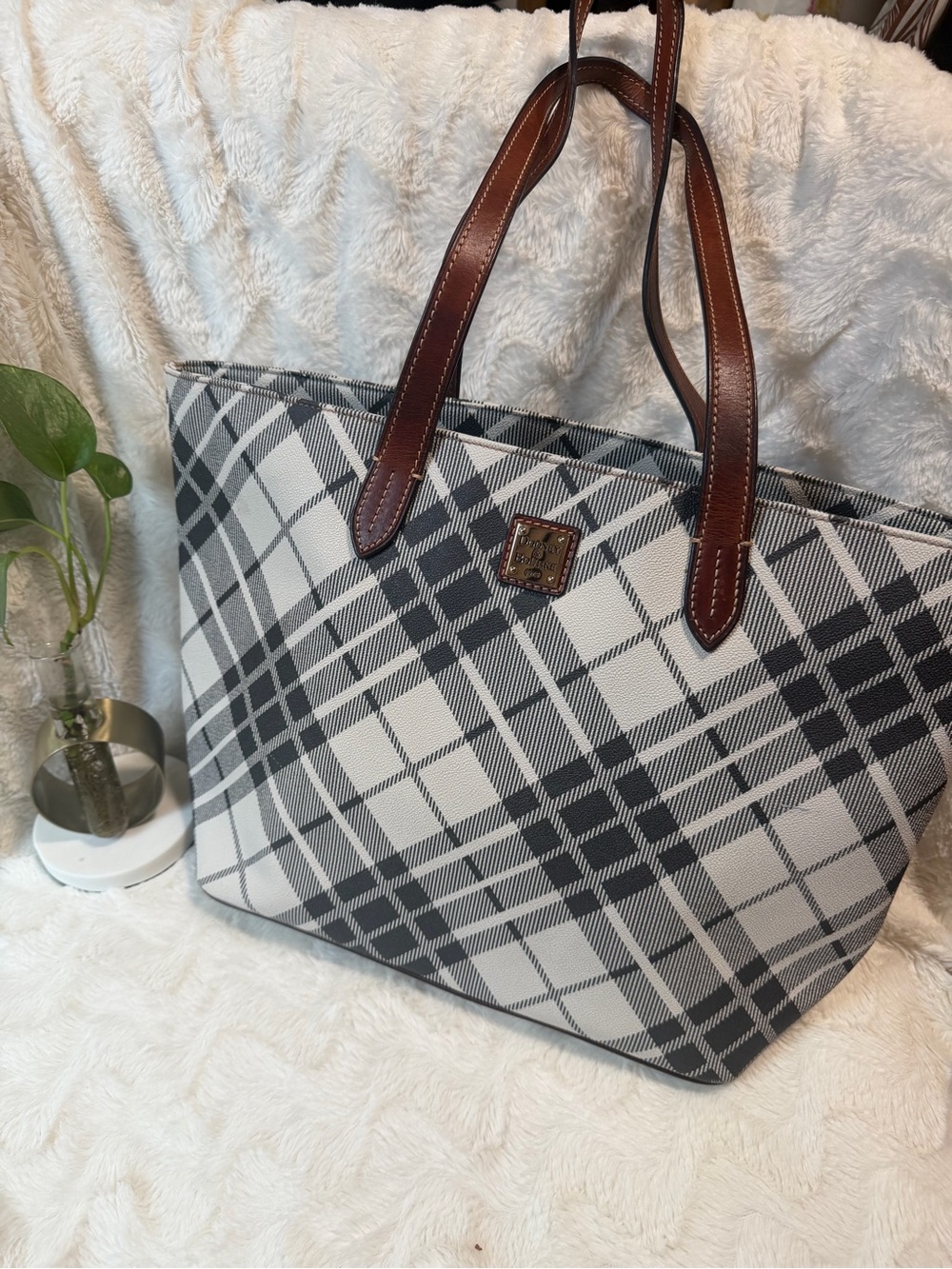 Dooney & Bourke Black and Cream Plaid Logo Tote with Gold Plate